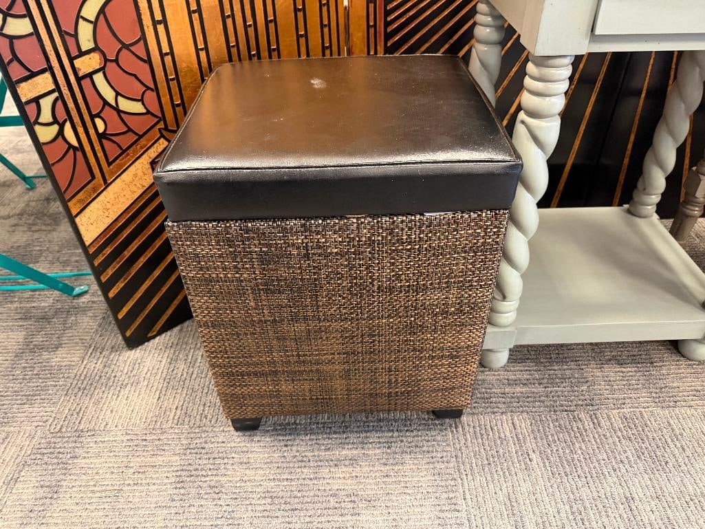 MODERN CONTEMPORARY PADDED UPHOLSTERED STORAGE ACCENT STOOL WITH CRAFT SUPPLIES: INCLUDES RED HEART FIESTA YARN AND MORE, GOOD CONDITION 14" X 14" X 17" 