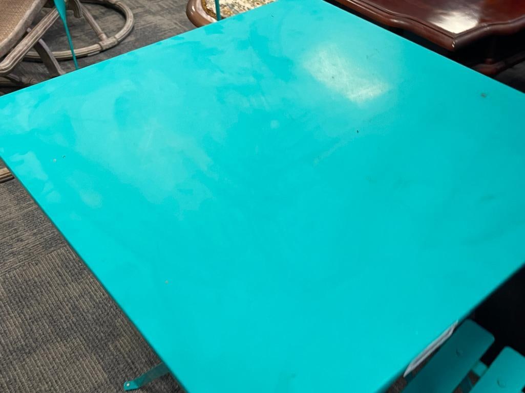 GREEN METAL COLLAPSIBLE PATIO TABLE AND TWO CHAIRS - 3