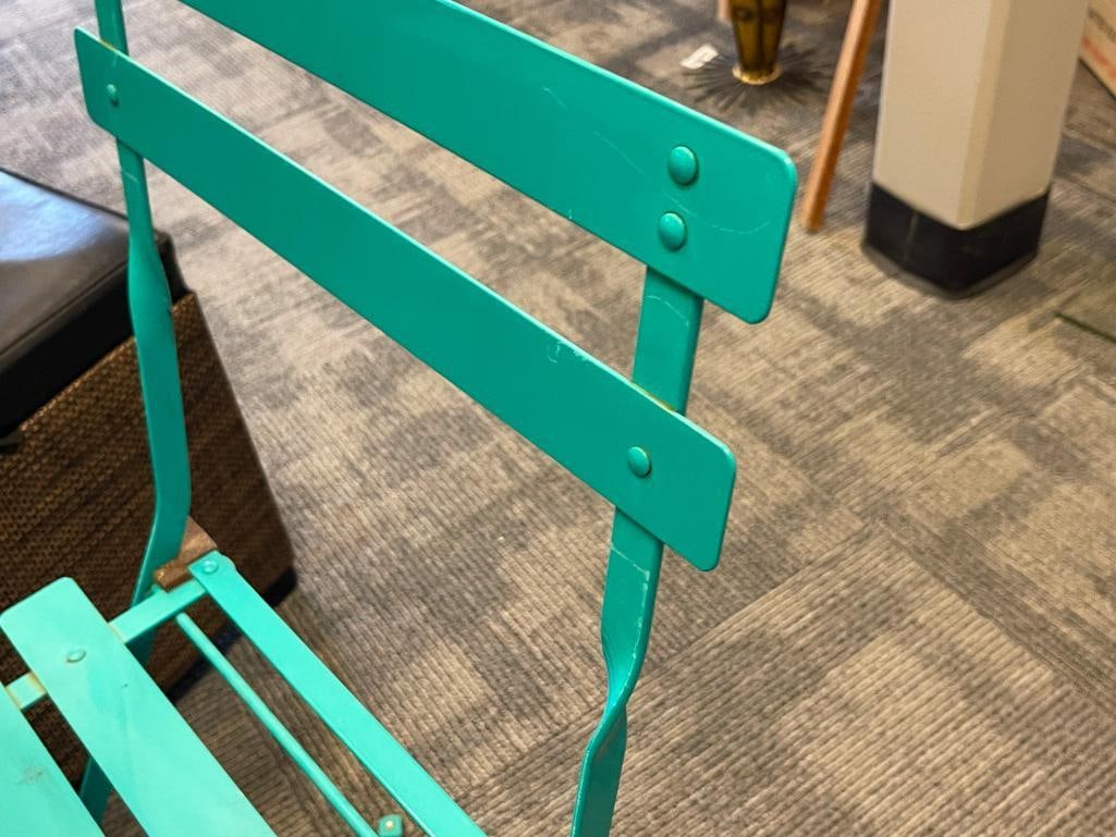 GREEN METAL COLLAPSIBLE PATIO TABLE AND TWO CHAIRS - 6
