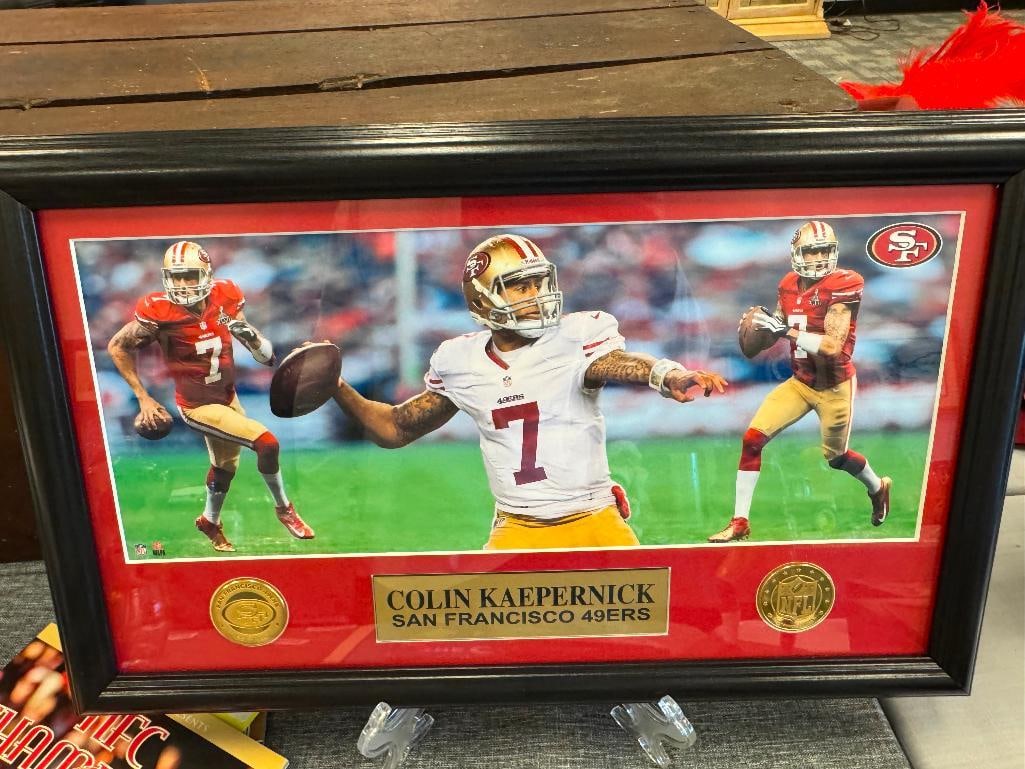 COLIN KAPERNICK S.F. 49ERS FOOTBALL COLLECTIBLES / MEMORABILIA: INCLUDES COLLAGE AND TWO MAGAZINES 19 1/2" X 12" COLLAGE 