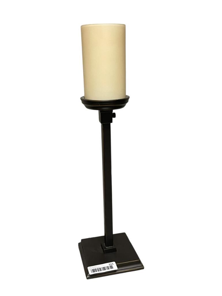 UNIQUE FIGURAL CANDLESTICK ELECTRIC TABLE LAMP BY POTTERYBARN: METAL BASE WITH FROSTED GLASS SHADE, TESTED + 21 1/2" H