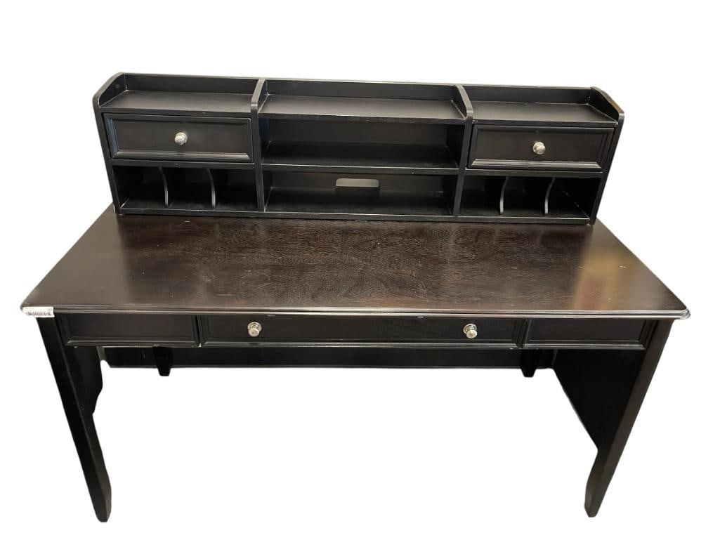 DARK ESPRESSO DESK WITH PULLOUT KEYBOARD DRAWER AND BLACK DESKTOP ORGANIZER WITH DRAWERS AND SLOTS: 60" X 28" X 30" DESK, 56" X 9" X 14" ORGANIZER 