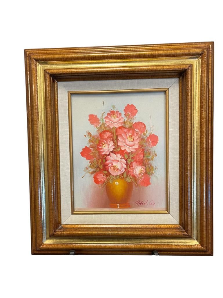 RICHARD COX ACRYLIC ON CANVAS FLORAL STILL-LIFE PAINTING: 15" X 17 1/4" FRAME 
