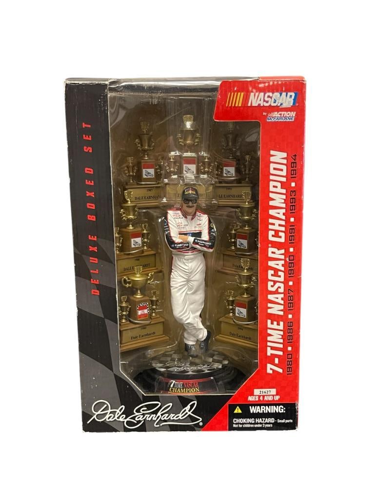 NASCAR ACTION MCFARLANE DALE EARNHARDT 7X CHAMPION FIGURINE WITH TROPHIES: NEW IN THE PACKAGE DEAD STOCK 6 1/2" FIGURE WITH STAND