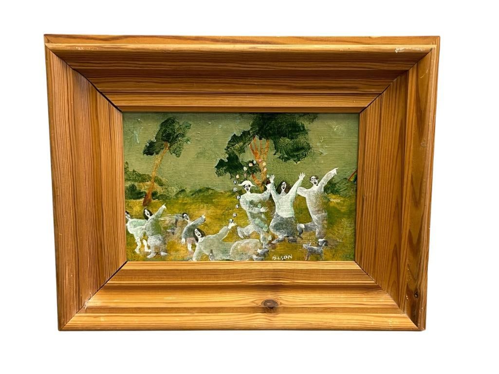 HAROLD BILSON ICELANDIC ARTIST ORIGINAL OIL ON MASONITE BOARD WHIMSICAL PAINITNG: WHIMSICAL PAINTING OF SEVEN FIGURES AND A DOG DANCING IN A FIELD WITH TREES AND RAINBOW IN THE BACKGROUND, FRAMED 13 1/2" X 10 1/2" FRAME