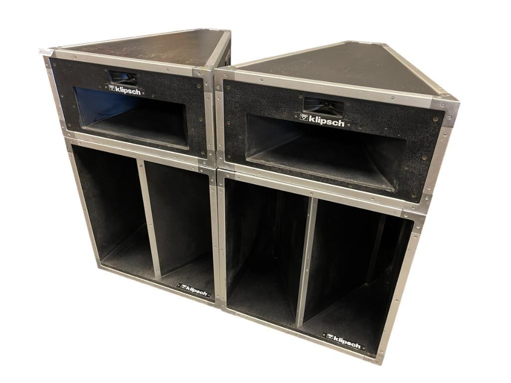 KLIPSCH LA SCALA INDUSTRIAL SPLIT SPEAKER SET CIRCA: EACH SET FEATURES A 3-WAY LOUDSPEAKER WITH 15 INCH WOOFER, BLACK CABINETS WITH SILVER TRIM 24" X 25" X 37" OVERALL 
