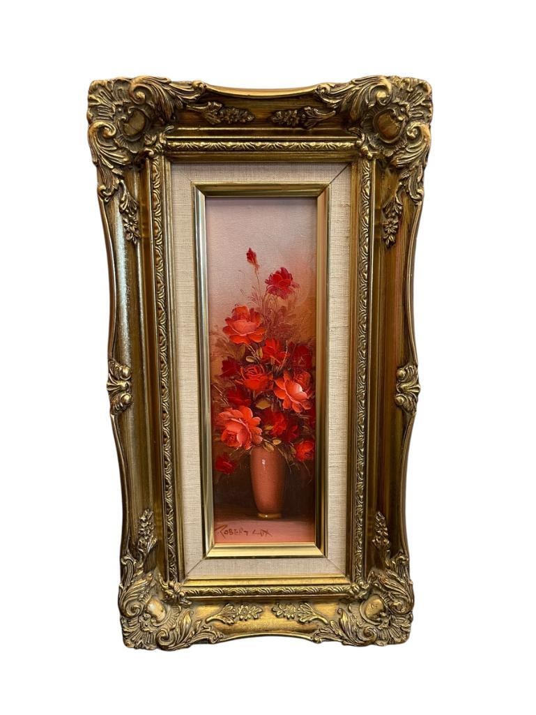 RICHARD COX ACRYLIC ON CANVAS FLORAL STILL-LIFE PAINTING: 9 1/2" X 17 1/2" FRAME 