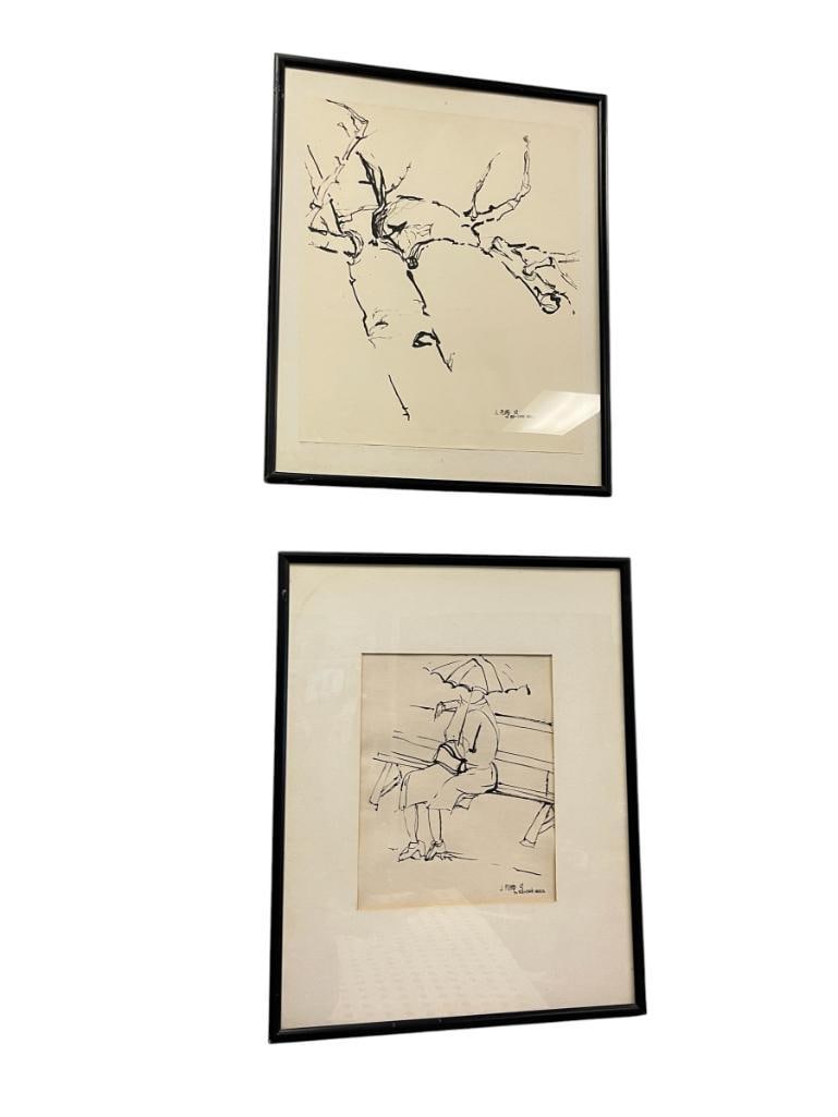 J. PLUMB PERSONALIZED INK SKETCHES BOTH DATED 1967: 16 3/4" X 20 3/4" FRAME 