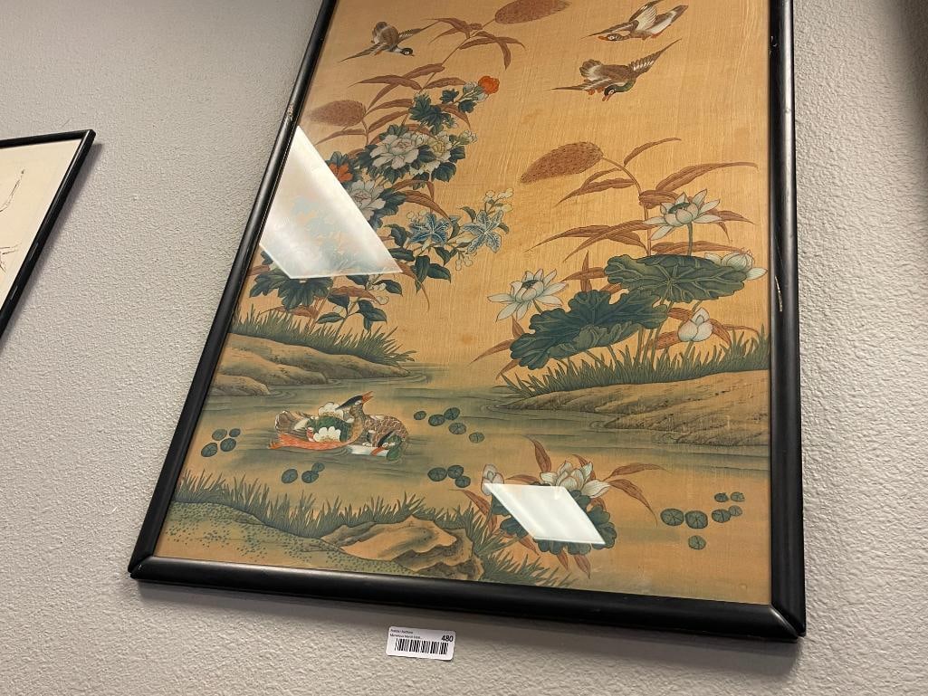 JAPANESE EDO PERIOD INK AND WATERCOLOR ON BOARD DUCKS AND FLOWERS - 2