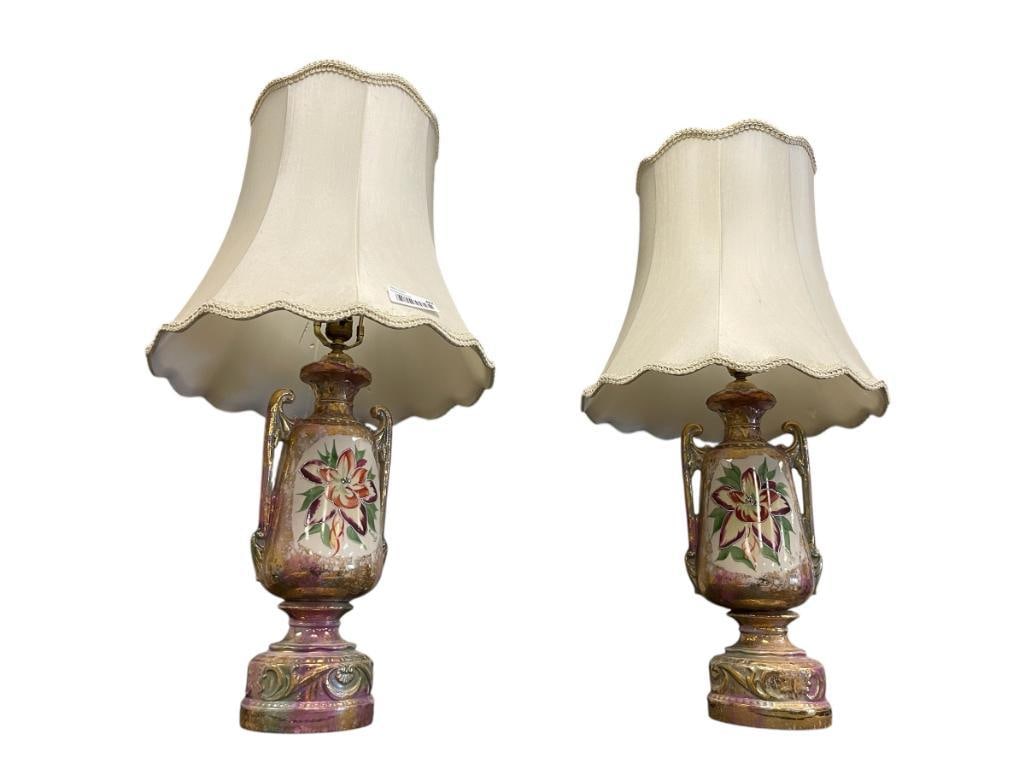 PAIR OF VINTAGE CERAMIC TABLE LAMPS WITH GILT ACCENTS AND FLORAL DESIGN: WITH TEXTILE SHADES, TESTED + 31" H 