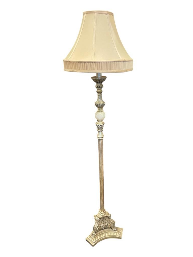 LOUIS PHILIPPE STYLE FLOOR LAMP WITH STONE SPHERE AND TEXTILE SHADE: TESTED + 60" H