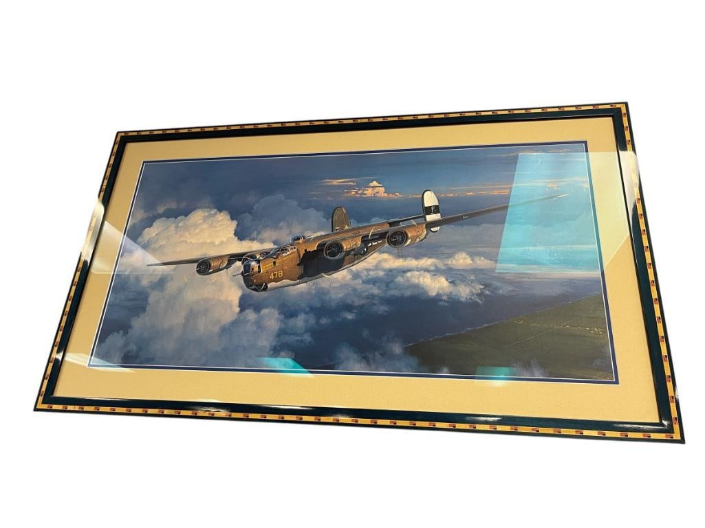 WILLIAM S. PHILLIPS AVIATION ARTIST LIMITED EDITION PRINT TITLED NO EMPTY BUNKS TONIGHT NO. 534/1...: WILLIAMS S. PHILLIPS LEADING AMERICAN AVIATION LIMITED EDITION PRINT OF A B-24 LIBERATOR, SIGNED LOWER LEFT, ARTIST INFO ON THE BACK, PUBLISHED BY GREENWICH WORKSHOP, FRAMED 42" X 24" FRAME