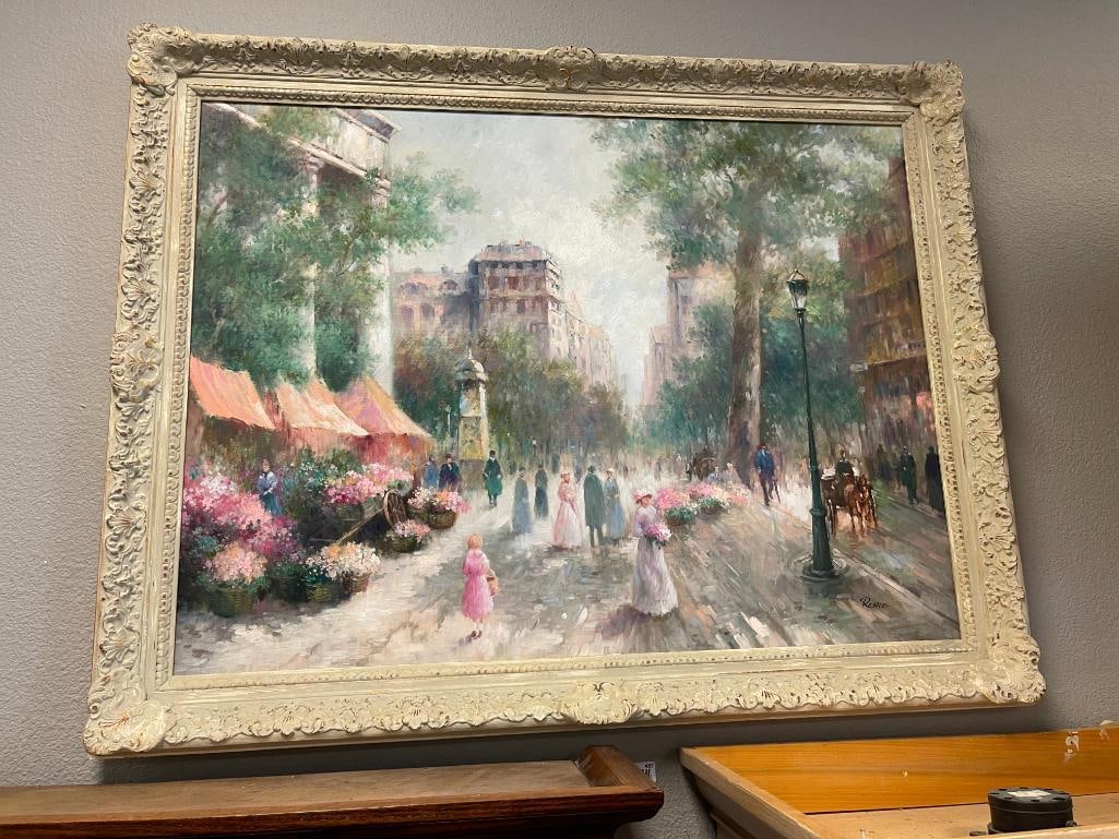 RENNE SIGNED ORIGINAL ACRYLIC ON CANVAS BUSY PARISIAN STREET SCENE WITH PEOPLE AND BUILDINGS: SIGNED LOWER RIGHT, FRAMED 46 1/2" X 36 1/2" FRAME 