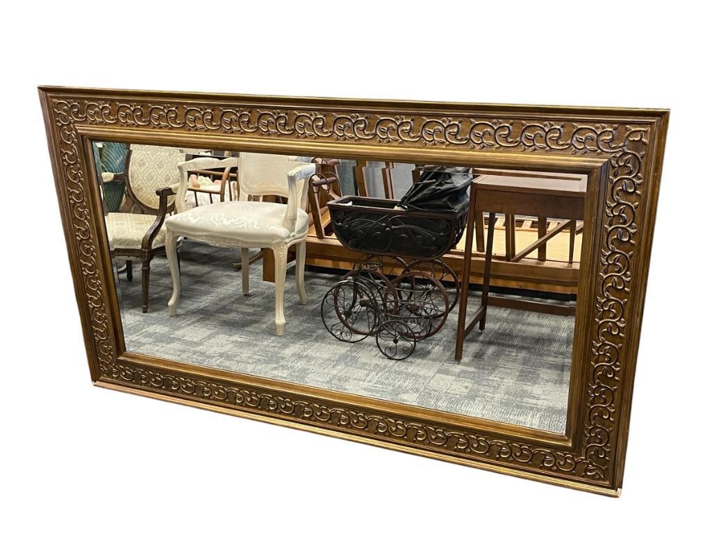 LARGE LEAF VINE BRONZE TONED FRAMED BEVELED MIRROR: TWO CORNERS HAVE WEAR, CHIPPED FINISH 72 1/2" X 42 1/2" FRAME 