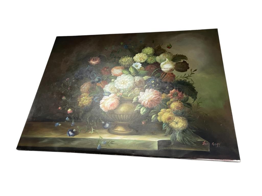 LARY GAFF LARGE ORIGINAL ACRYLIC ON CANVAS STILL-LIFE PAINTING: BOUQUET FLORAL STILL-LIFE WITH MOODY BACKGROUND, SIGNED LOWER RIGHT, NOT FRAMED 48" X 36" 
