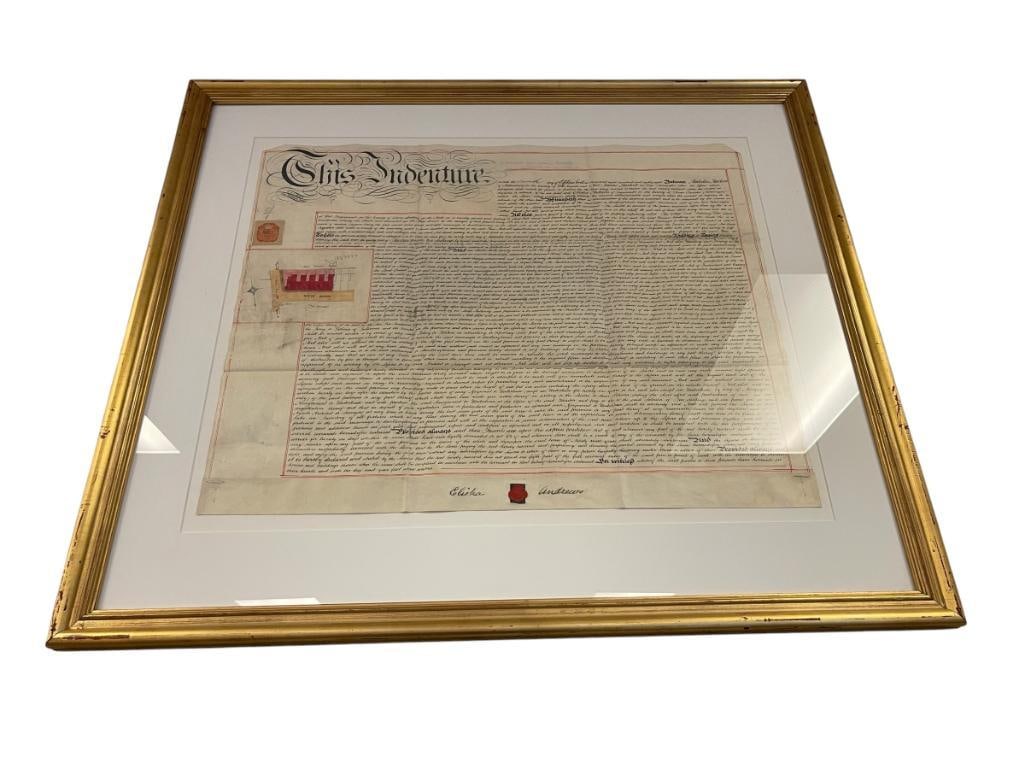 1888 INDENTURE RELATING TO CONSTRUCTIONOF NEW ROAD NEW GREAT WESTERN RAILWAY SIGNED ELISHA ANDREWS: 37" X 33" FRAME 