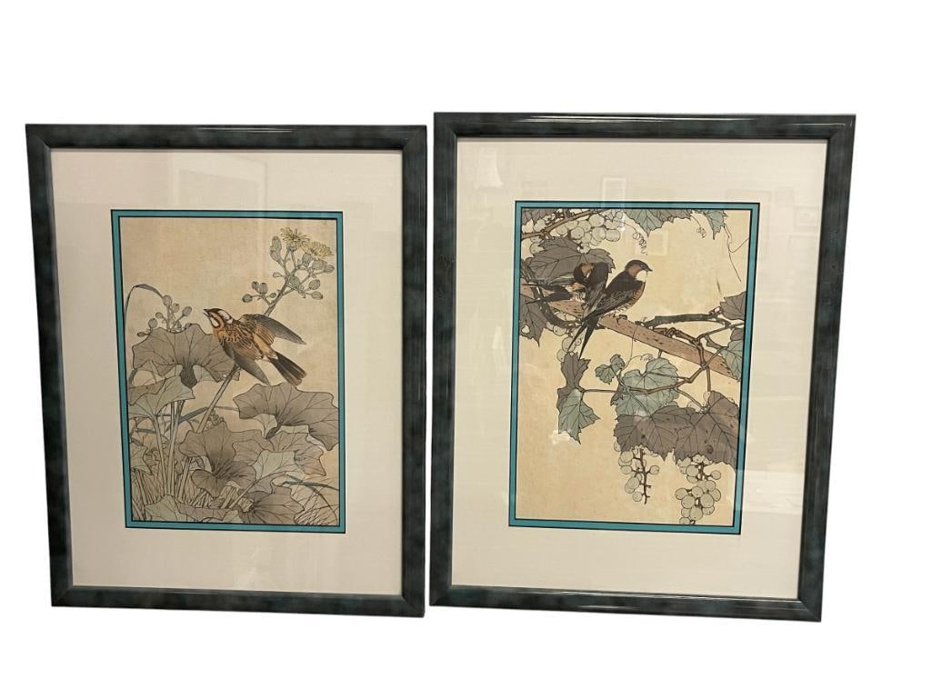 IMAO KEINEN JAPANESE WOODBLOCK AND PAINTER KACHO-E ARTIST BLOCK PRINTS OF BIRDS PERCHED ON TREES: IMAO KEINEN (1845-1924) WAS A JAPANESE ARTIST KNOWN FOR HIS PAINTINGS AND WOODBLOCKS OF BIRDS AND TREES, WOODBLOCKS ARE BOTH HAVE A LABEL "GENUINE 1850", FRAMED 15 1/2" X 19 1/2" FRAME 