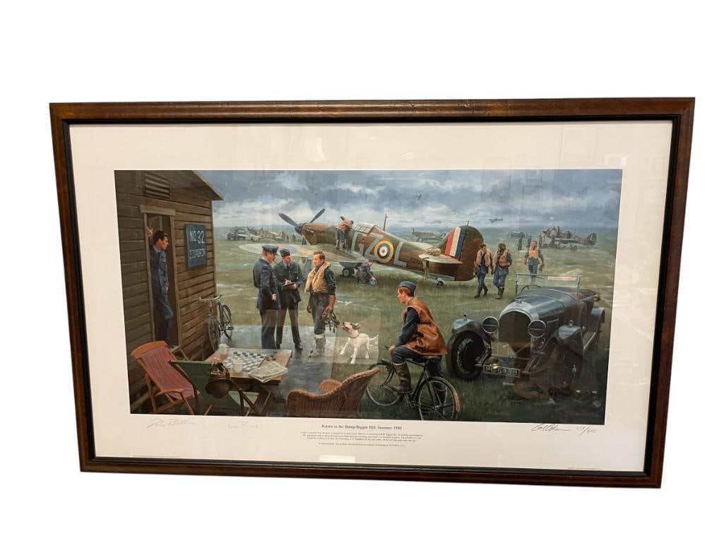 GIL COHEN AVIATION ARTIST LIMITED EDITION PRINT SIGNED BY FLIGHT LIEUTENANT PETE BROTHERS: RETURN TO THE BUMP / BIGGIN HILL, SUMMER 1940, ART DEPICTS LIEUTENANT BEING GREETED BY HIS BULL TERRIRER, SIGNED BOTTOM EDGE, NO. 258/500, FRAMED 35" X 22" FRAME 
