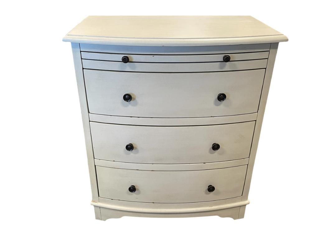 COAST TO COAST ANTIQUE WHITE FINISH BOW FRONT NIGHTSTAND WITH WRITING TRAY: THREE DRAWER NIGHTSTAND WITH PULLOUT WRITING TAB 24" X 14" X 28"