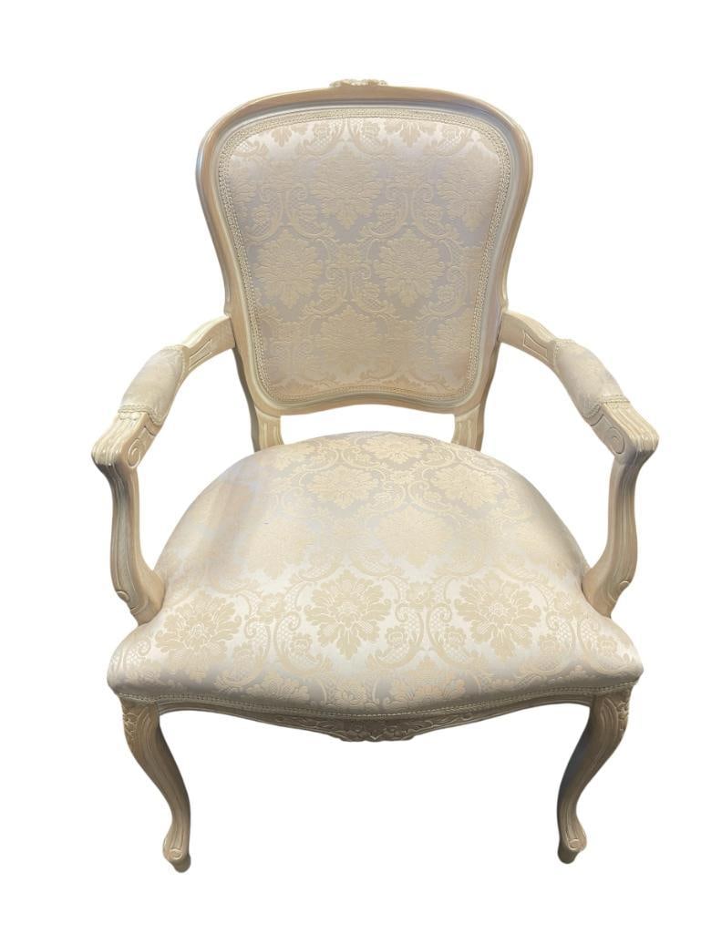 NAJARIAN FURNITURE CO WHITE WASHED APTAINS CHAIR WITH FLORAL PADDED UPHOLSTERY: ARM REST PADS COULD USE LIGHT CLEANING, OVERALL IN GOOD CONDITION 25" X 21" X 39" 