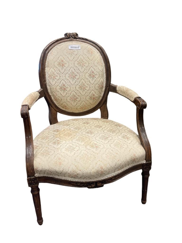 LOUIS XVI STYLED ARM CHAIR WITH FLORAL PADDED UPHOLSTERY: SHOWS WEAR 