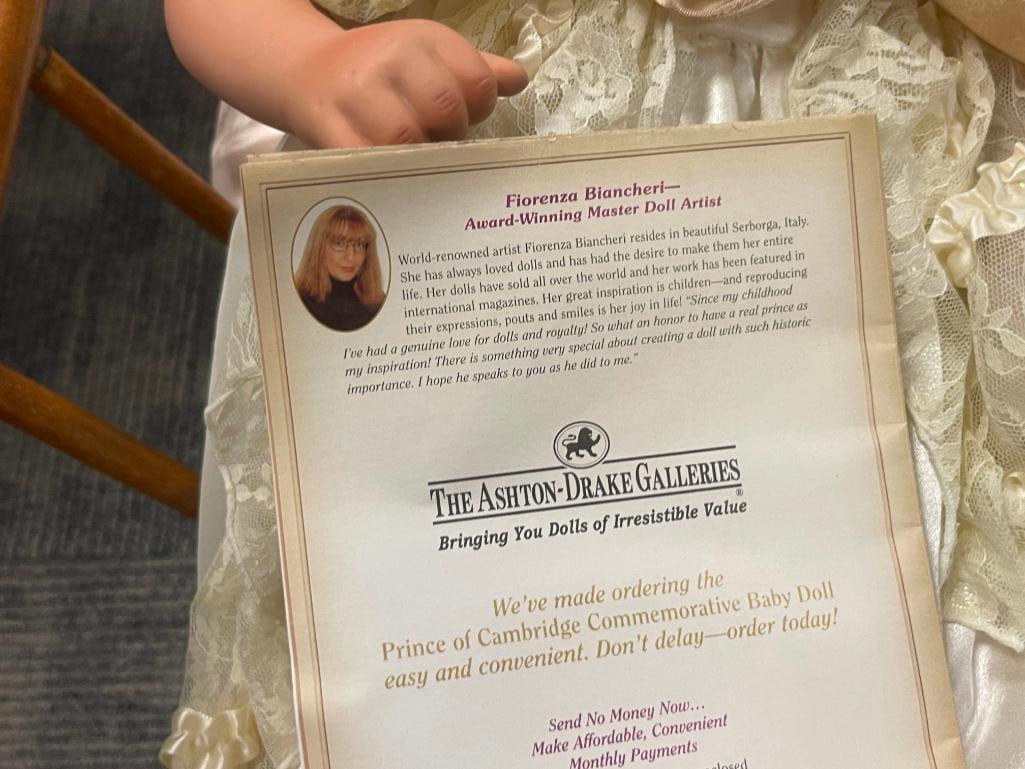 ANTIQUE MAPLE BENT WOOD BABY CRADLE WITH ASHTON-DRAKE PRINCE GEORGE OF CAMBRIDGE DOLL - 10