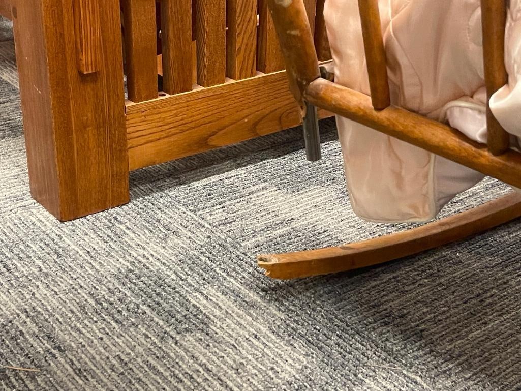 ANTIQUE MAPLE BENT WOOD BABY CRADLE WITH ASHTON-DRAKE PRINCE GEORGE OF CAMBRIDGE DOLL - 12