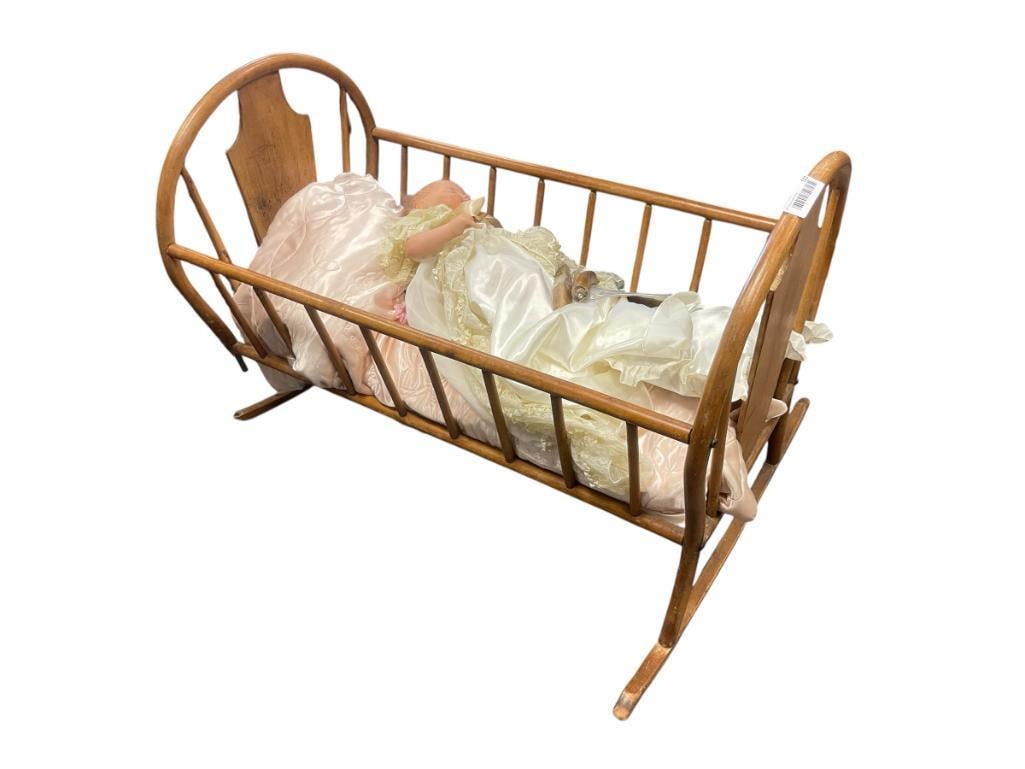 ANTIQUE MAPLE BENT WOOD BABY CRADLE WITH ASHTON-DRAKE PRINCE GEORGE OF CAMBRIDGE DOLL: CRADLE NEEDS ROCKER REPAIRED, PARTS INCLUDED, PORCELAIN DOLL INCLUDES CERTIFICATE OF AUTHENTICITY 36" CRADLE, 19" DOLL