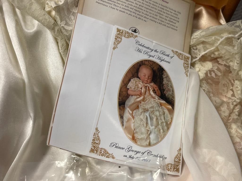 ANTIQUE MAPLE BENT WOOD BABY CRADLE WITH ASHTON-DRAKE PRINCE GEORGE OF CAMBRIDGE DOLL - 9