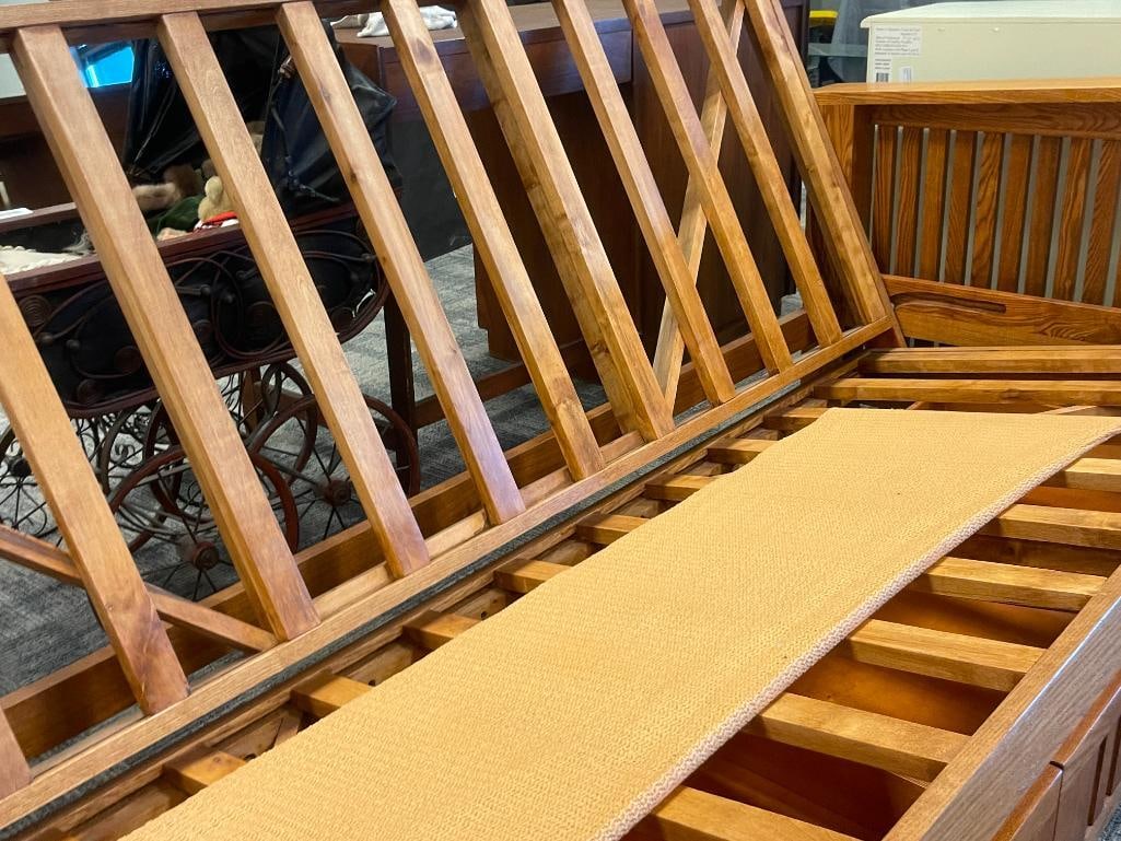 MISSION STYLE OAK FUTON FRAME WITH TWO MATCHING STORAGE DRAWERS - 6