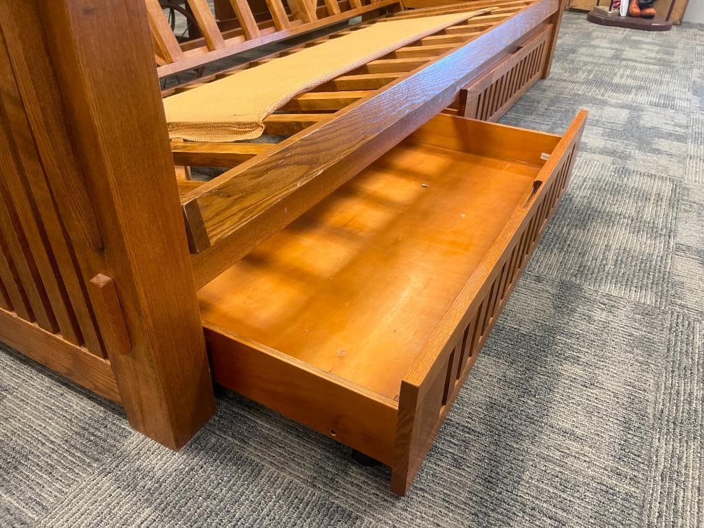 MISSION STYLE OAK FUTON FRAME WITH TWO MATCHING STORAGE DRAWERS - 7