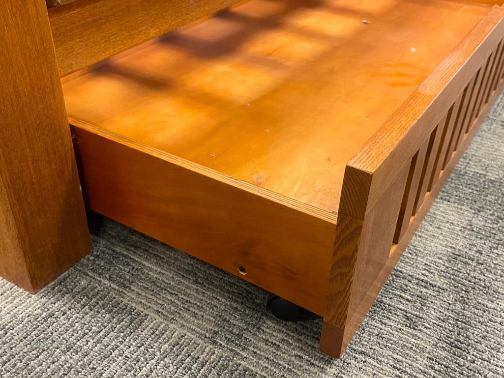 MISSION STYLE OAK FUTON FRAME WITH TWO MATCHING STORAGE DRAWERS - 8