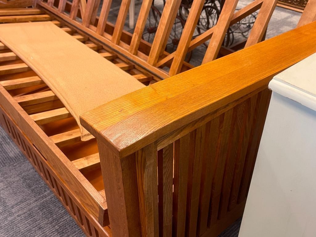 MISSION STYLE OAK FUTON FRAME WITH TWO MATCHING STORAGE DRAWERS - 9