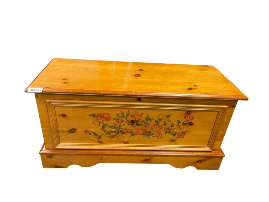 KNOTTY PINE CHEST WITH FLORAL ART ON FRONT PANEL: INCLUDES TWO KEYS WITH INSTRUCTION SHEET 45" X 18" X 22"