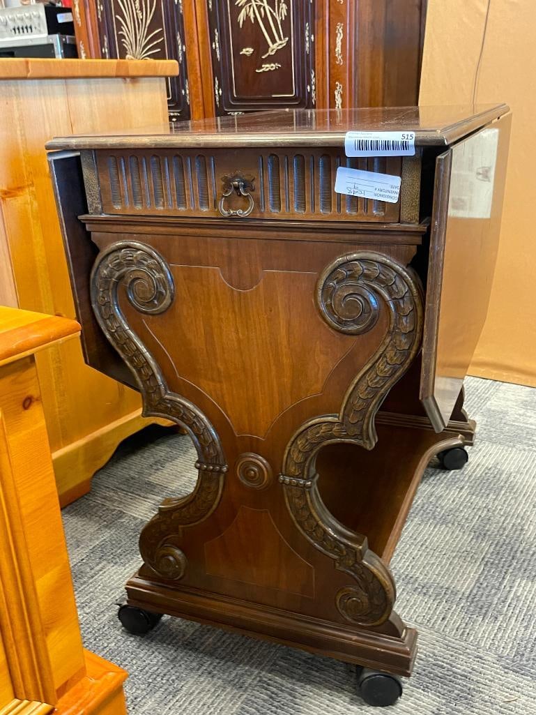 VINTAGE MAHOGANY LYRE SHAPED DROP LEAF ROLLING SERVING CART - 2