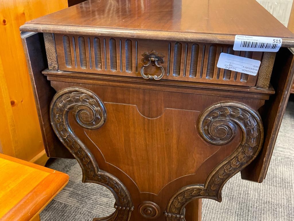 VINTAGE MAHOGANY LYRE SHAPED DROP LEAF ROLLING SERVING CART - 3