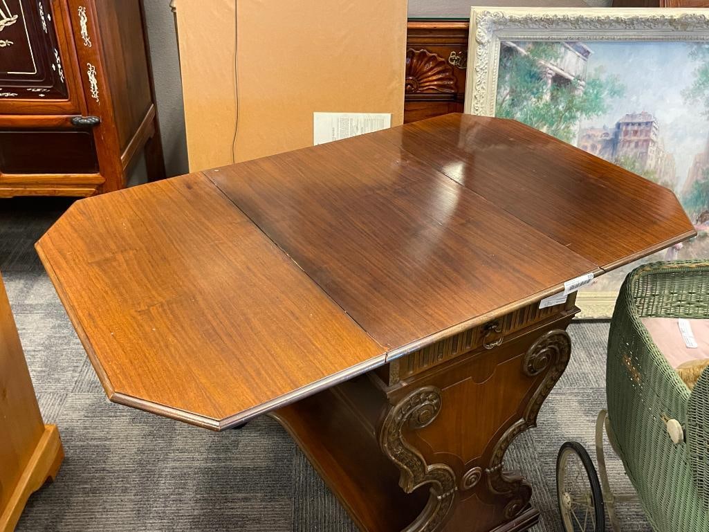 VINTAGE MAHOGANY LYRE SHAPED DROP LEAF ROLLING SERVING CART - 7