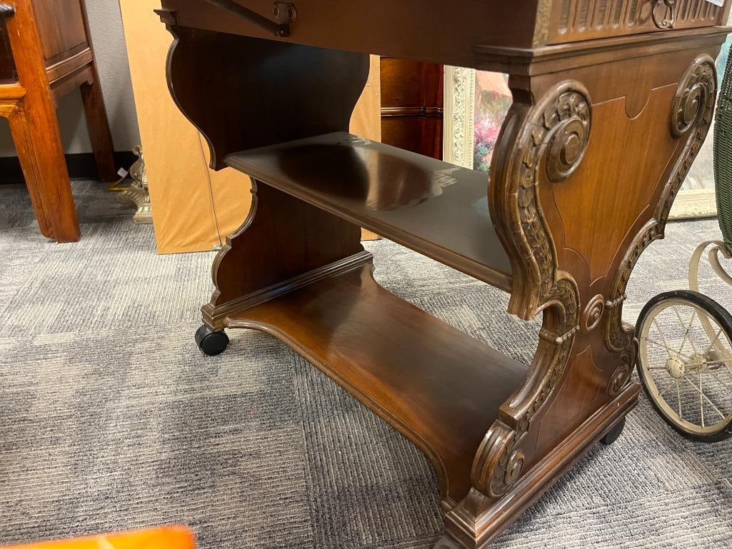 VINTAGE MAHOGANY LYRE SHAPED DROP LEAF ROLLING SERVING CART - 9