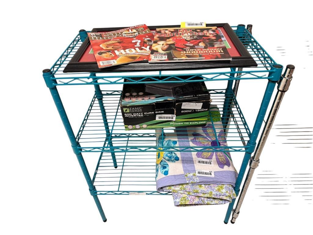 THREE TIER COATED METAL SHELVING UNIT: COATED IN TURQUOISE PAINT 23" X 13" X 31" 