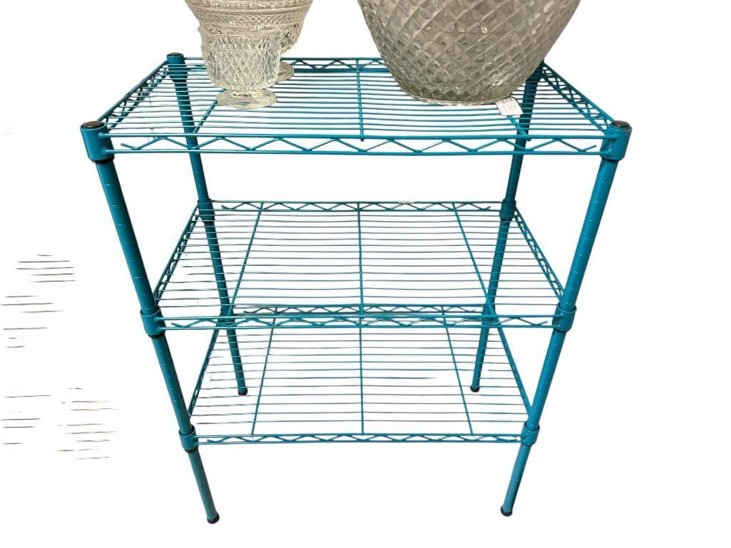 THREE TIER COATED METAL SHELVING UNIT: COATED IN TURQUOISE PAINT 23" X 13" X 31" 