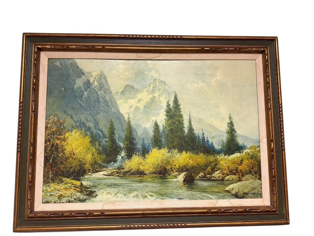 ROBERT WOOD " MONTANA MOUNTAINS SNAKE RIVER " STUNNING LANDSCAPE TEXTURED PRINT ON CANVAS: ROBERT WOOD (1889-1979) RENOWN AMERICAN ARTIST, FRAMED, ORIGINAL PAINTING COMPLETED IN 1955 43" X 31" FRAME 