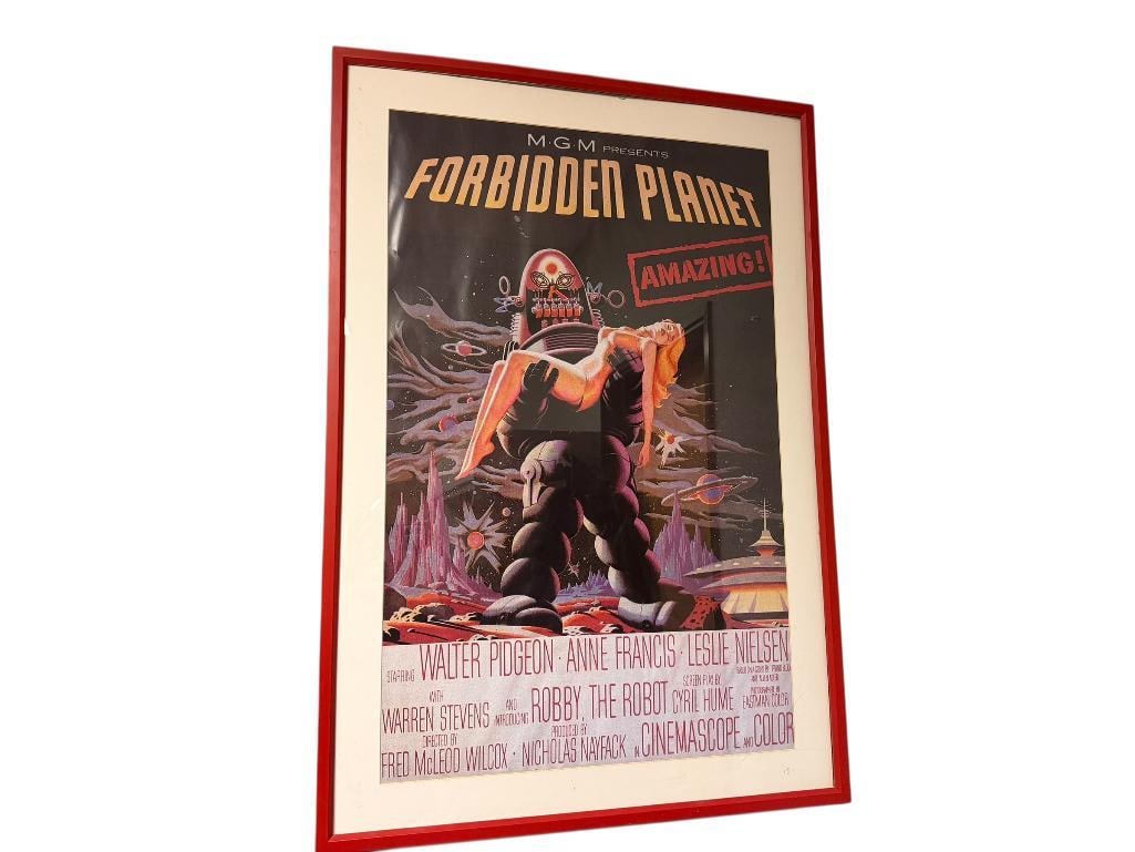 MGM FORBIDDEN PLANET MOVIE POSTER REPRINT: FRAMED AND MATTED, MINOR TEAR IN POSTER 31 1/2" X 45" 