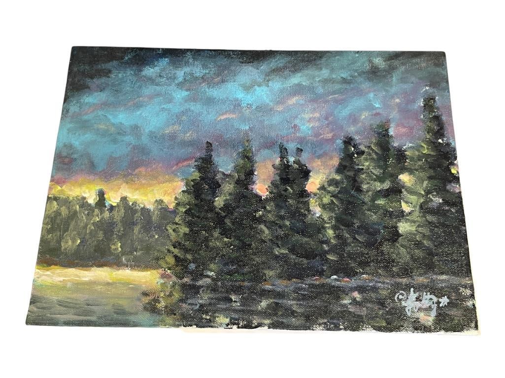 ORIGIAL ACRYLIC ON CANVAS LAKE TAHOE PAINTING BY LOCAL ARTIST MARK ASA FOLTZ TITLED LAKE TAHOE PI...: MARK ASA FOLTZ ORIGINAL ACRYLIC ON CANVAS BOARD PAINTING TITLED LAKE TAHOE PINES, DEPICTS PINE TREES IN LAKE TAHOE, INCLUDES CERTIFICATE OF AUTHENTICITY, UNFRAMED 9" X 12"