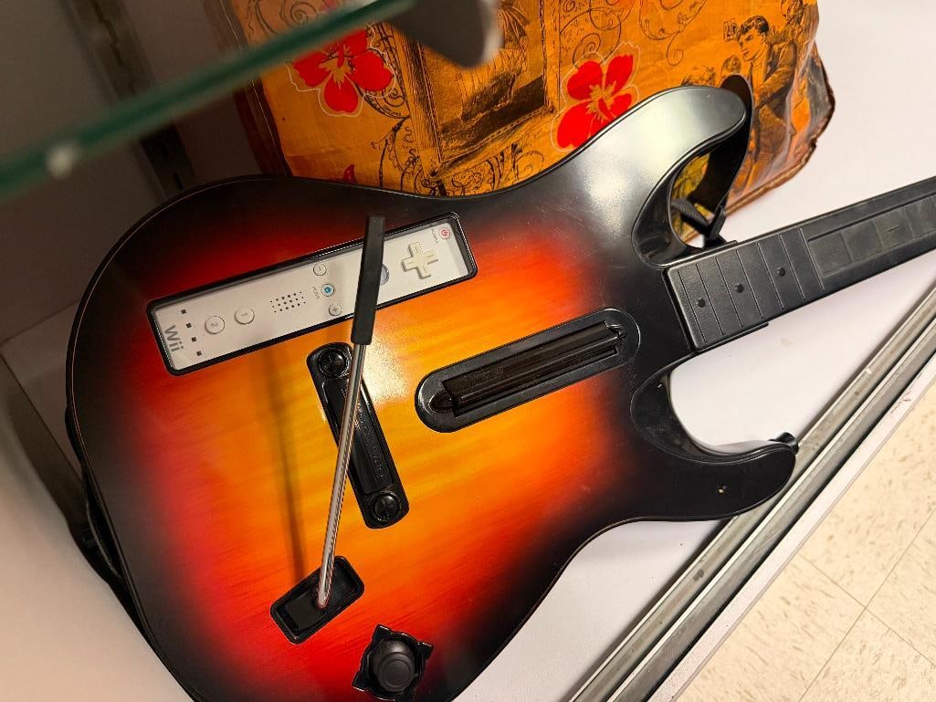 NINTENDO WII GAMING SYSTEM WITH GAMES AND GUITAR HERO GUITAR - 7