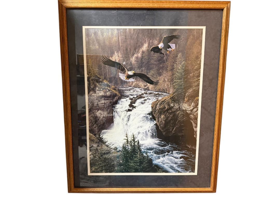" LAND OF THE FREE " PRINT BY ALAN M. HUNT FEATURING EAGLES SOARING ABOVE A RIVER: OAK FRAMED AND DOUBLE MATTED, BEAUTIFUL LANDSCAPE SCENE 30" X 36" FRAME