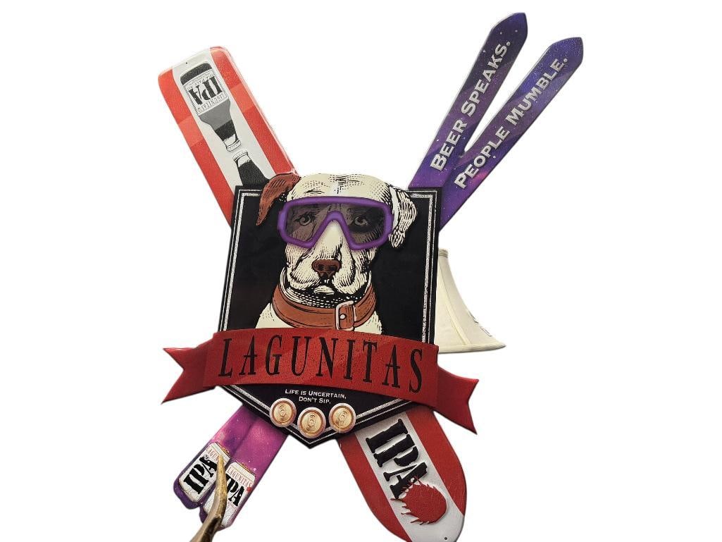 TIN METAL LAGUNITAS IPA BEER ADVERTISMENT BAR SIGN FEATURING SKI DOG AND SKIS: FEATURING VIBRANT COLORS 26" X 26" 