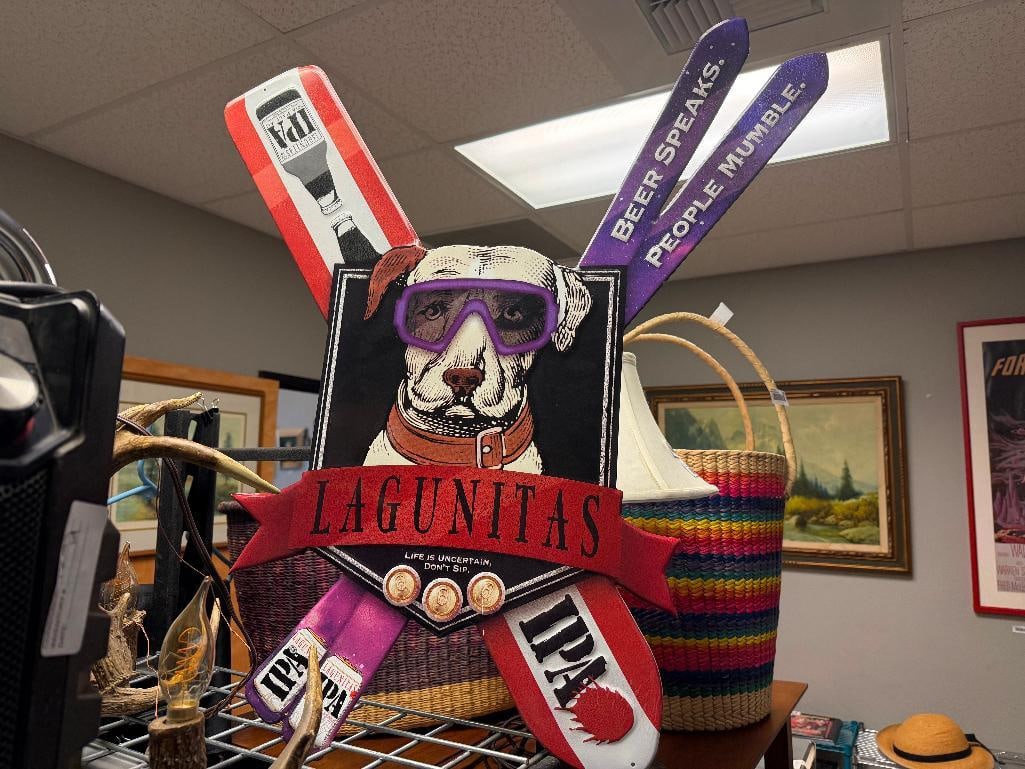 TIN METAL LAGUNITAS IPA BEER ADVERTISMENT BAR SIGN FEATURING SKI DOG AND SKIS - 2