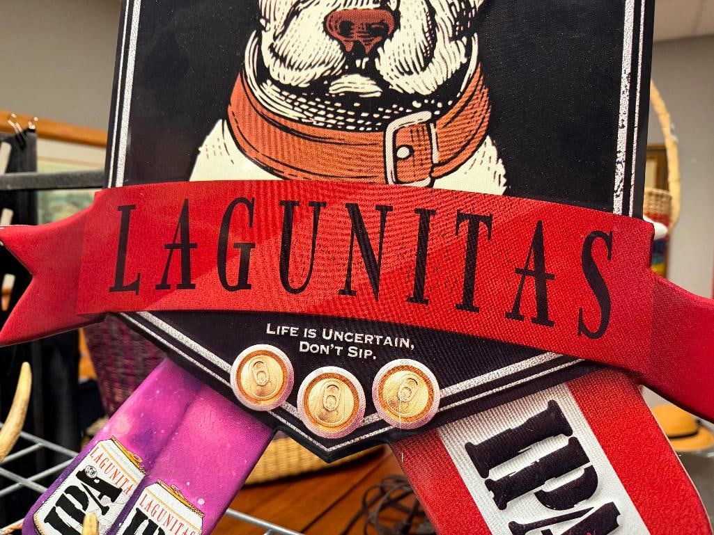 TIN METAL LAGUNITAS IPA BEER ADVERTISMENT BAR SIGN FEATURING SKI DOG AND SKIS - 3