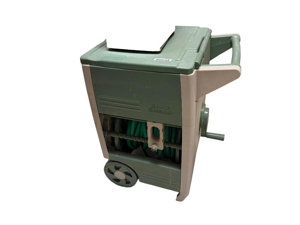 AMES REELEASY GARDEN HOSE REEL BIN CART WITH HOSE: GREEN AND GREY HARD PLASTIC, FAIR CONDITION
