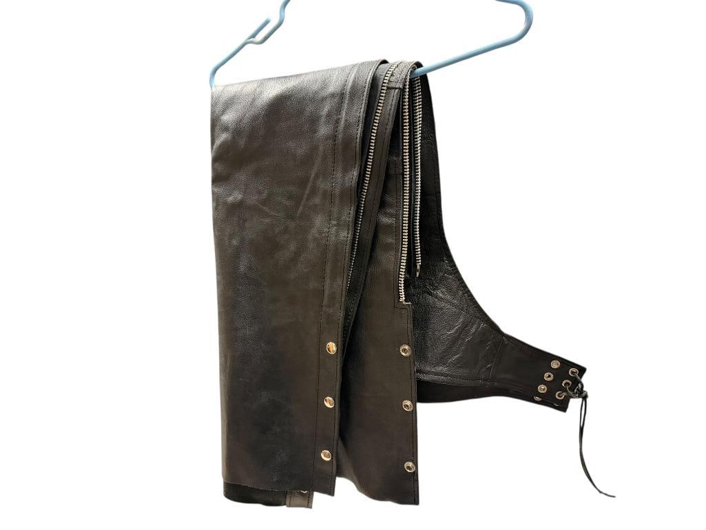 PAIR OF BARNEY'S LEATHER BLACK LEATHER MOTOCYLE RIDING CHAPS: GOOD CONDITION SIZE SMALL
